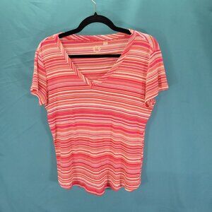 Striped V-Neck Short Sleeve Womens Top By Amber Sun Size M